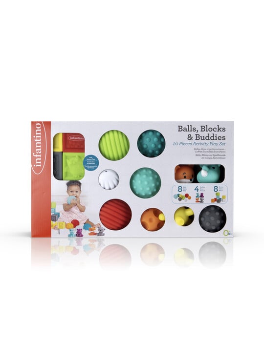 Infantino Set Sensoriel Comprend : 3 Balles, 3 Cubes Et 3 Arroseurs Multi-Texturés Infantino Set Sensoriel Comprend : 3 Balles, 3 Cubes Et 3 Arroseurs Multi-Texturés