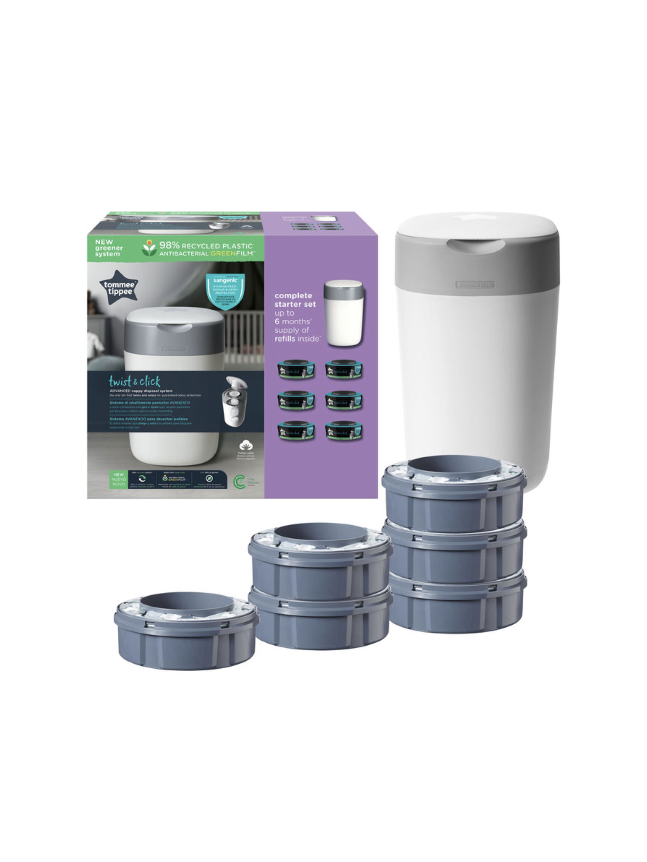 Tommee Tippee Twist and Click Advanced Nappy Disposal Sangenic + 6pcs Refill - White image number 1