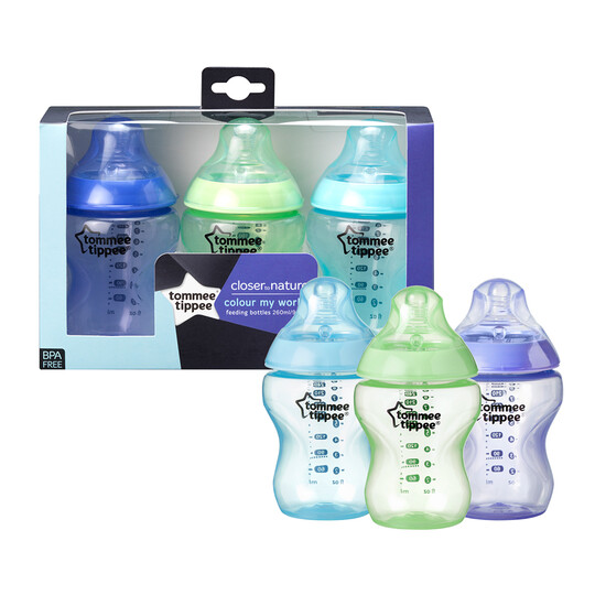 Tommee Tippee Closer to Nature Feeding Bottle, 260ml x 3 - Blue image number 1