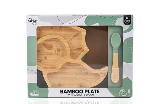 Citron Organic Bamboo Plate Suction + Spoon Dino Pastel Green image number 3