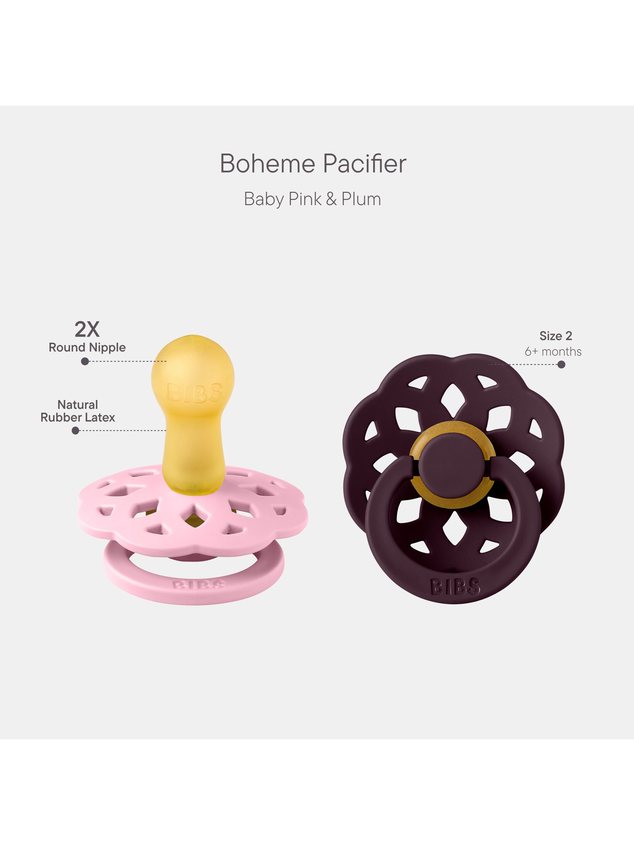 BIBS Pacifier Boheme 2 PACK Latex Size 2 Baby Pink/Plum image number 2