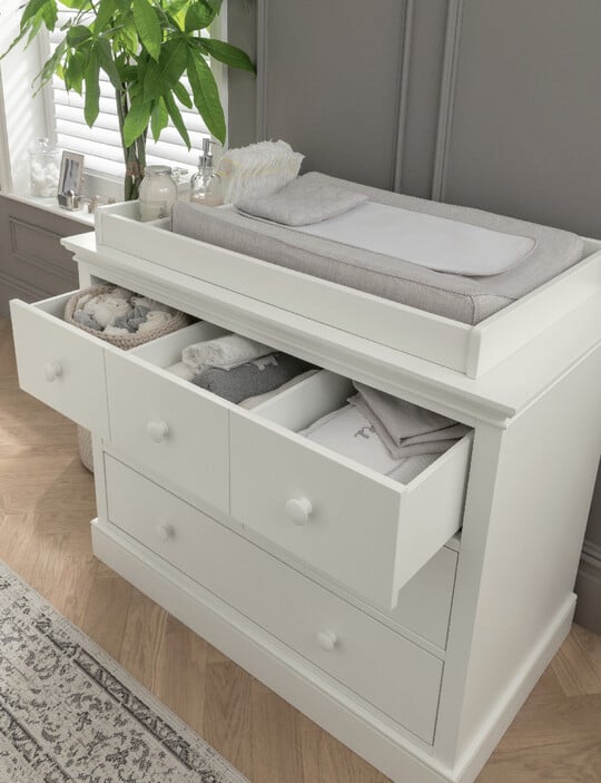 nursery dresser changing table Isabelle & Max White Modern Baby With 5-Drawer Storage Organizer, Adjustable Shelves, Safety Rail 47.3" L X 17.7" D X 35.4" H beech wood and rubberwood with acacia veneers Rustic Changing Table/dresser for Baby