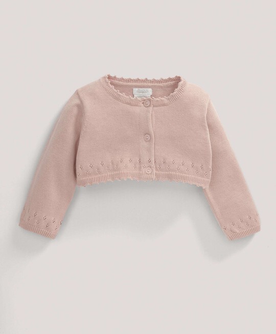 Pointelle Detail Knit Cropped Cardigan Pink- New Born image number 2