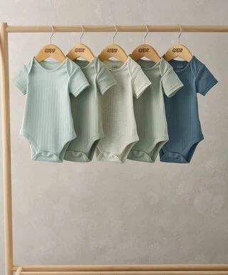 Ribbed Short-Sleeve Bodysuits (Set of 5) - Blue