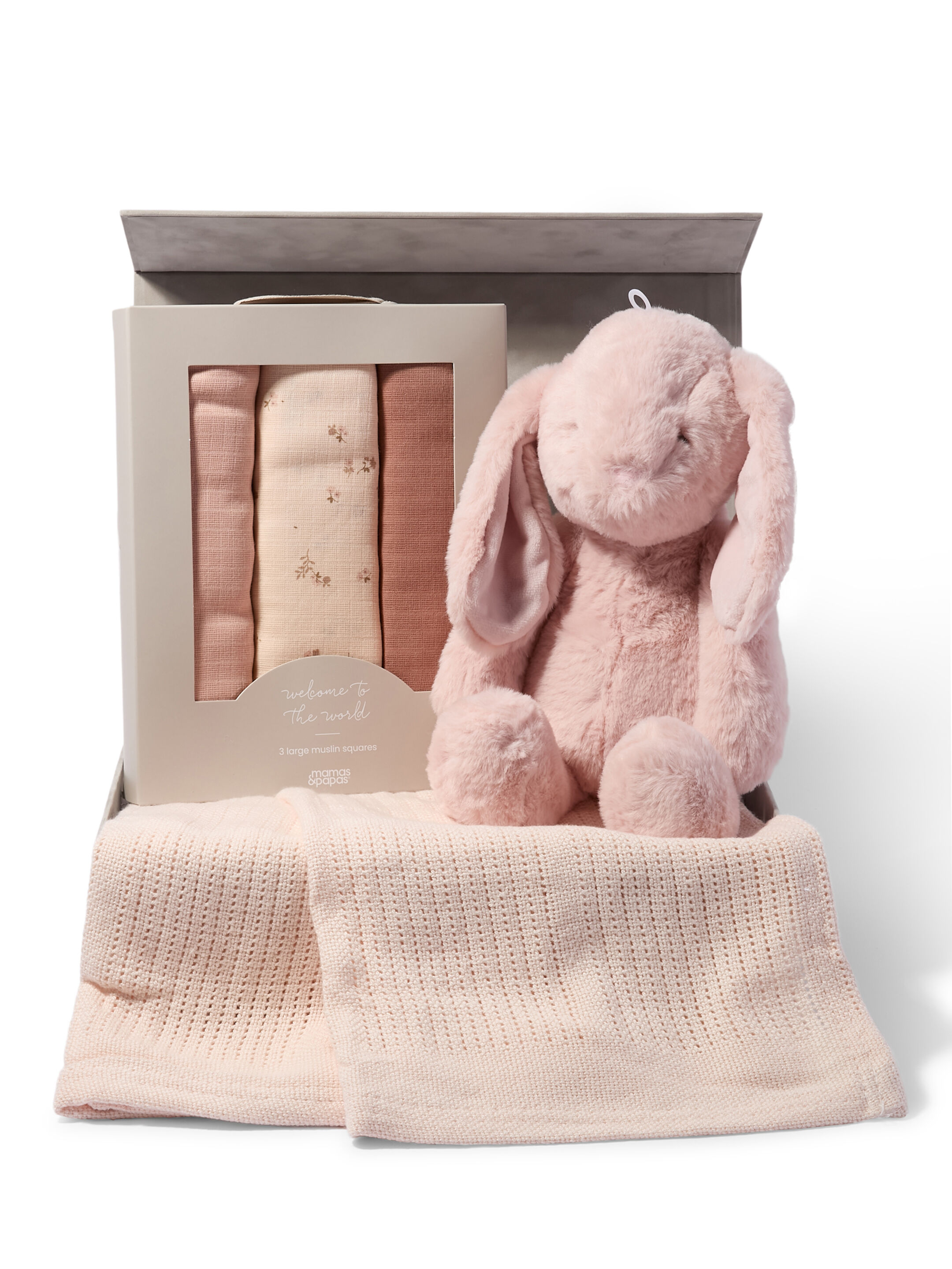 Snuggle Gift Set - Pink Cellular Blanket with Pink Bunny Soft Toy & Wildflower Muslin Squares