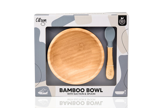 Citron Organic Bamboo Bowl 300ml Suction + Spoon Dusty Blue image number 4