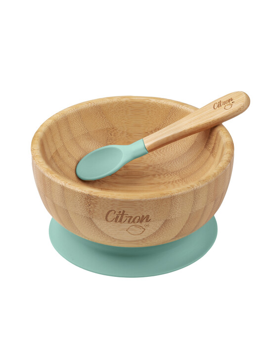 Citron Organic Bamboo Bowl 300ml Suction + Spoon Pastel Green image number 1
