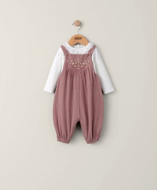 Embroidered Crinkle Jersey Dungaree - 2 Piece Set