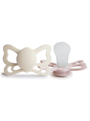 FRIGG Butterfly Anatomical Silicone Baby Pacifier 0-6M 2-Pack Cream/Blush - Size 1