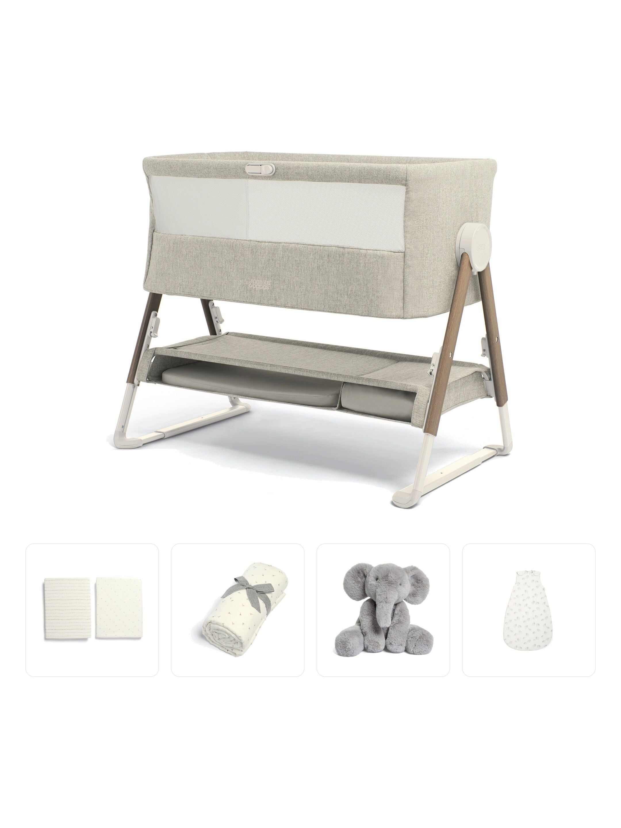 Lua Bedside Crib Bundle &ndash; Beige with Crib Sheets, Muslin Blanket, Dreampod & Elephant Soft Toy