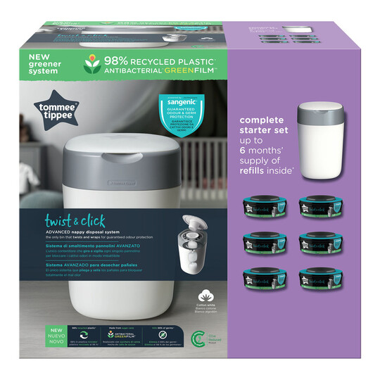 Tommee Tippee Twist and Click Advanced Nappy Bin Refill Cassettes,  Sustainably Sourced Antibacterial GREENFILM, Pack of