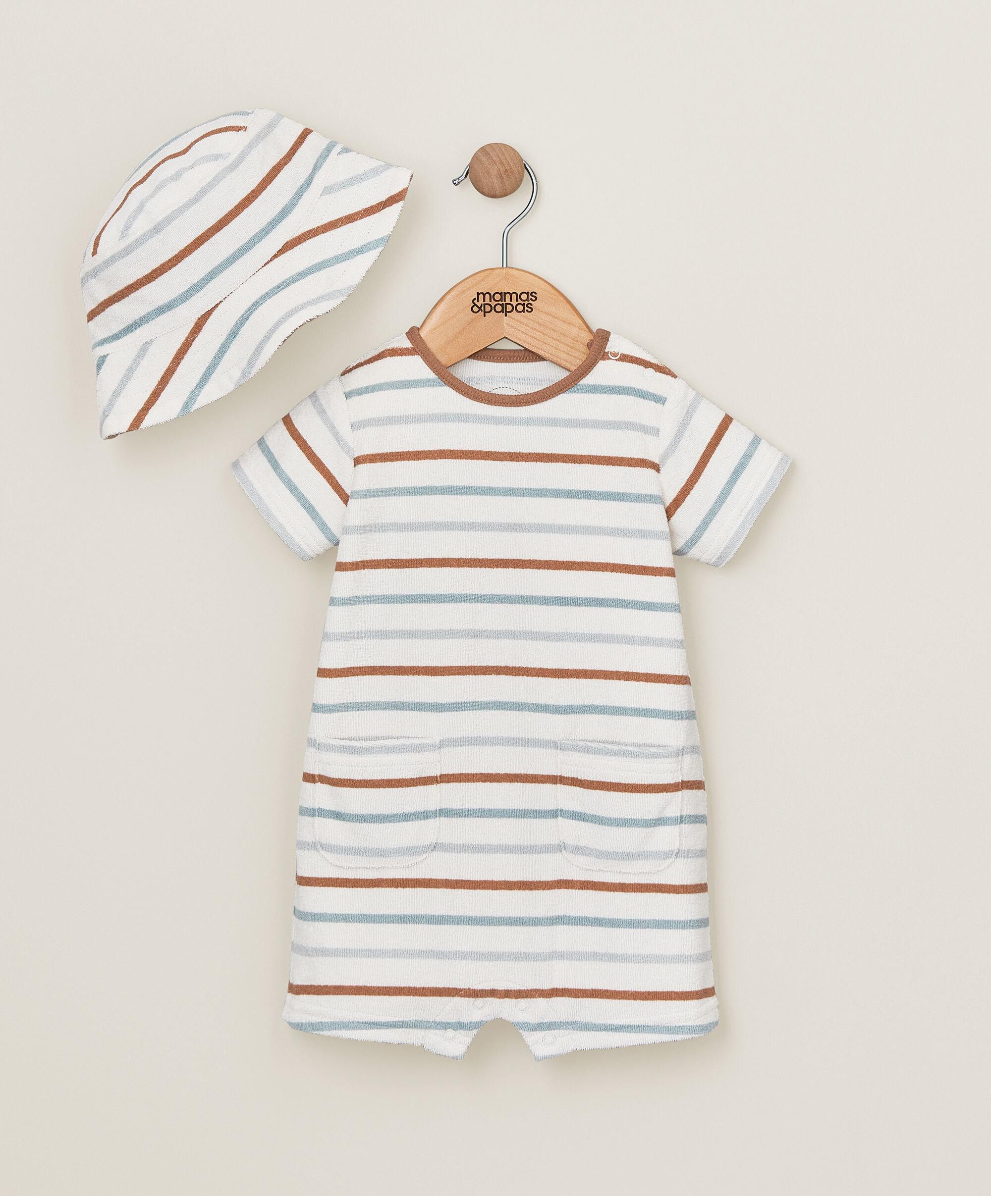 2 Piece Stripe Towelling Romper & Hat image number 1