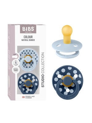 BIBS Pacifier Studio Colour 2 Pack Polka Latex Size 1 Baby Blue Steel Blue