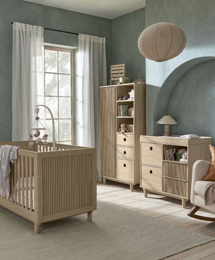 Oska 3 Piece Cotbed Set with Narrow Dresser Changer and Wardrobe- Oak