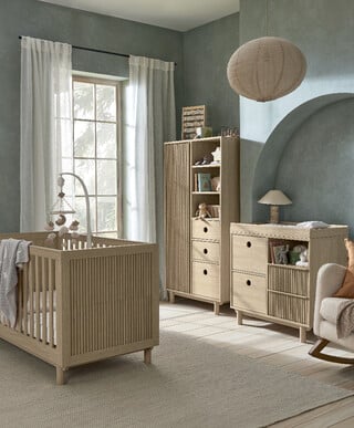 Mamas & Papas Oska 3 Piece Cotbed Set with Narrow Dresser Changer and Wardrobe- Oak