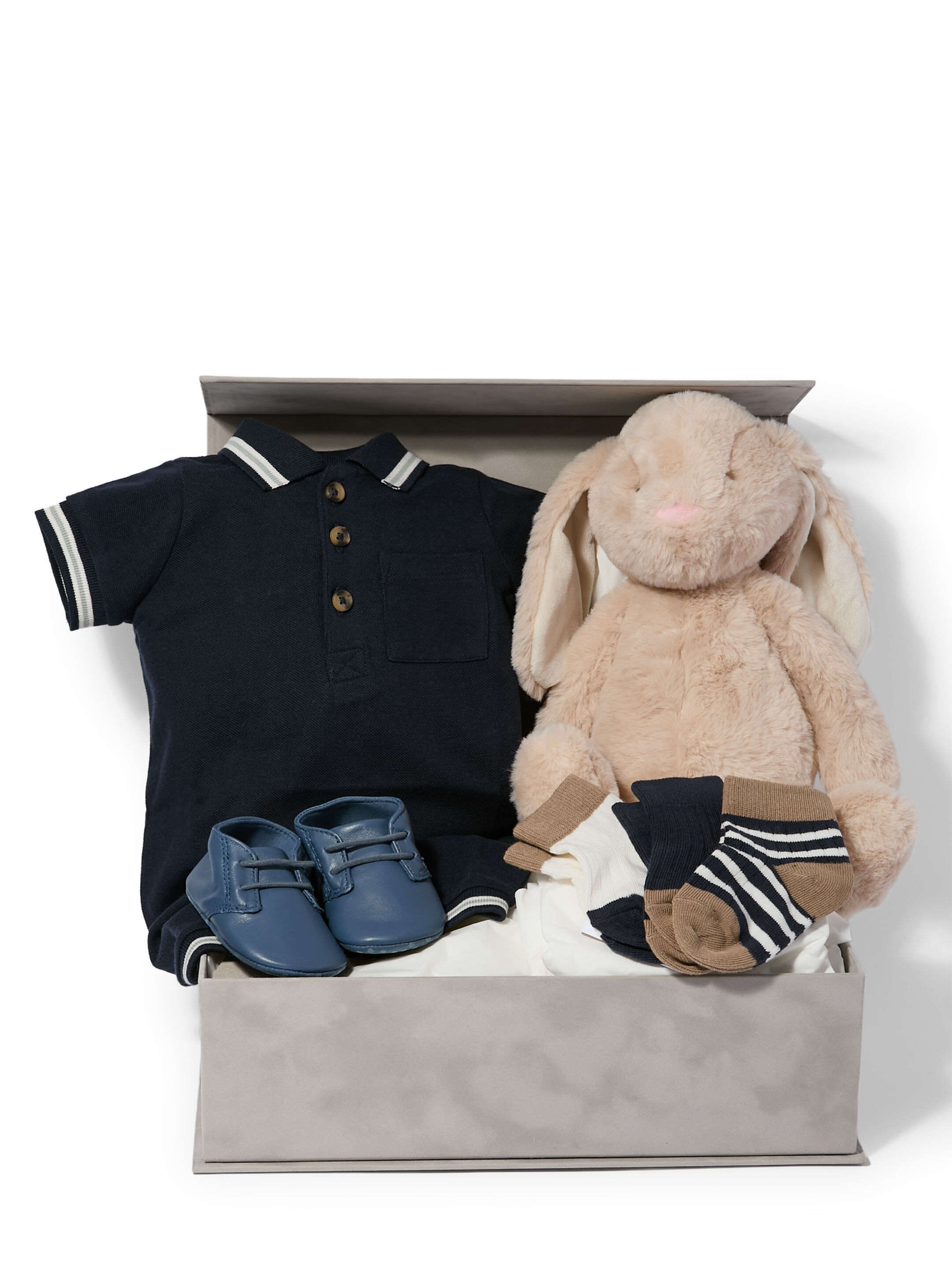 Polo Romper - 5 Piece Gift Set with Leather Pram Shoes and Soft Toy Tan Bunny