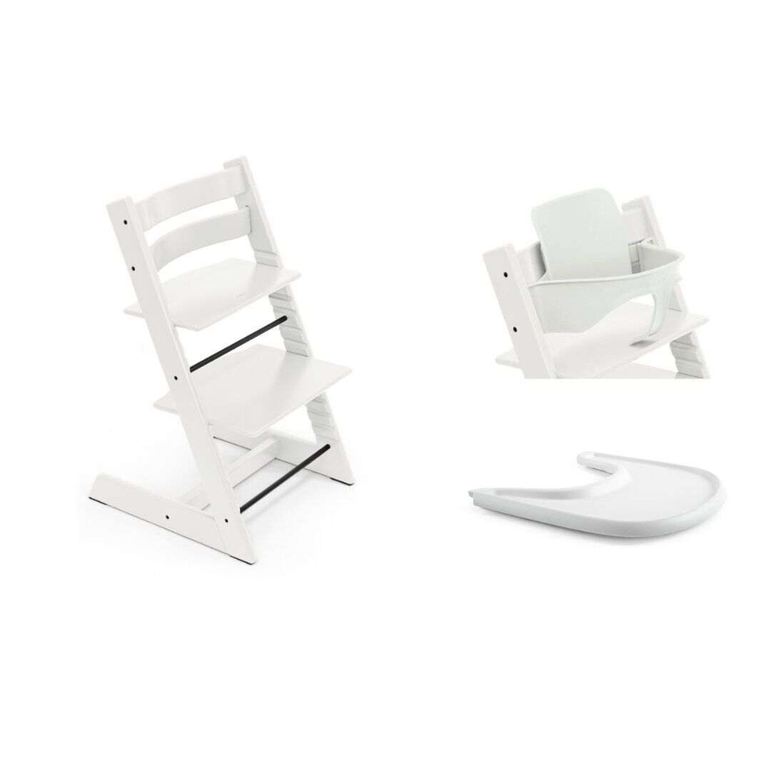 Stokke Tripp Trapp High Chair White + Baby Set + Tray Bundle (3 pieces)