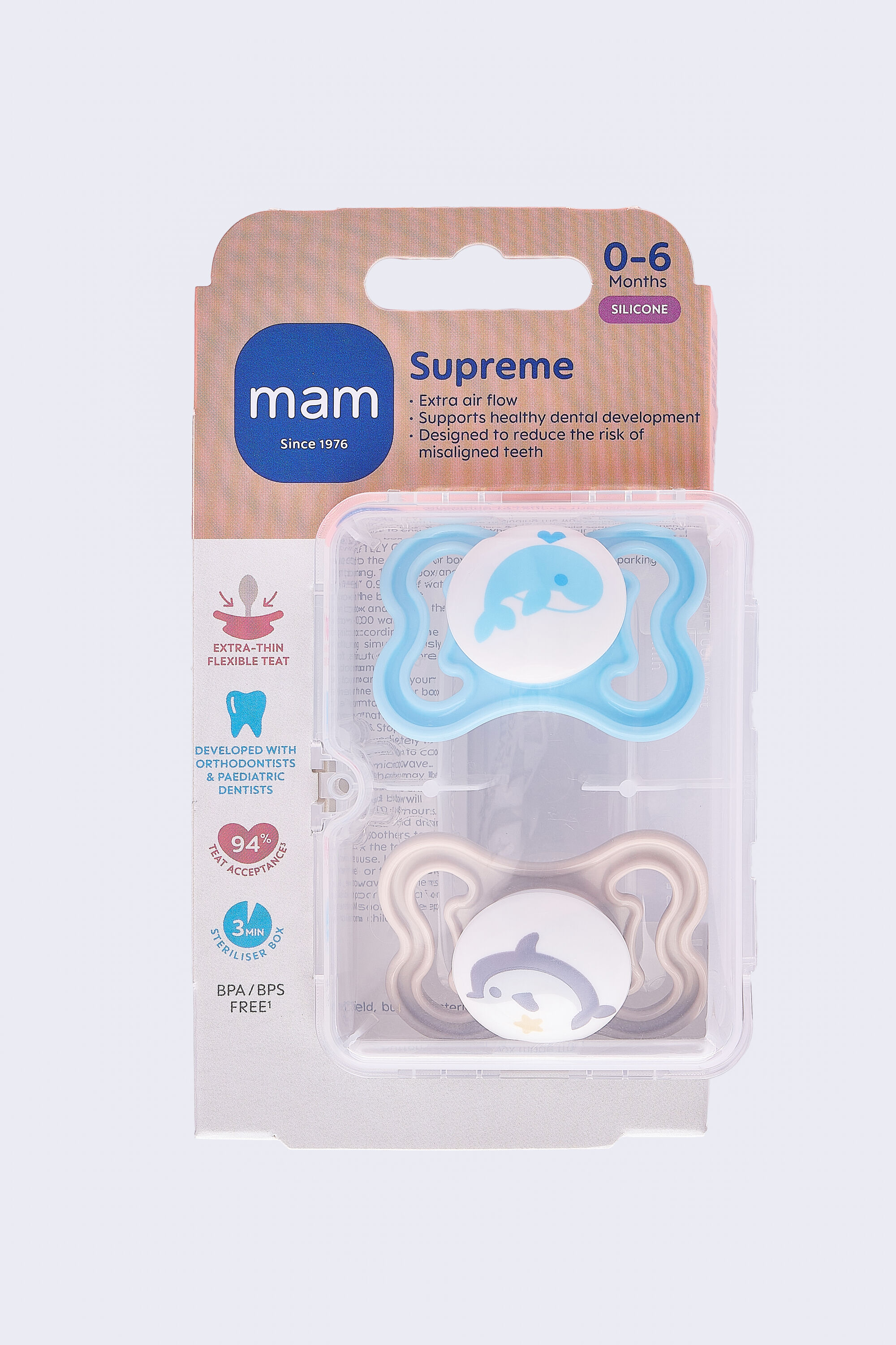 Mam Baby Supreme Silicone Pacifier - O-6 M | Sealife Blue & Beige - Pack of 2 image number 2