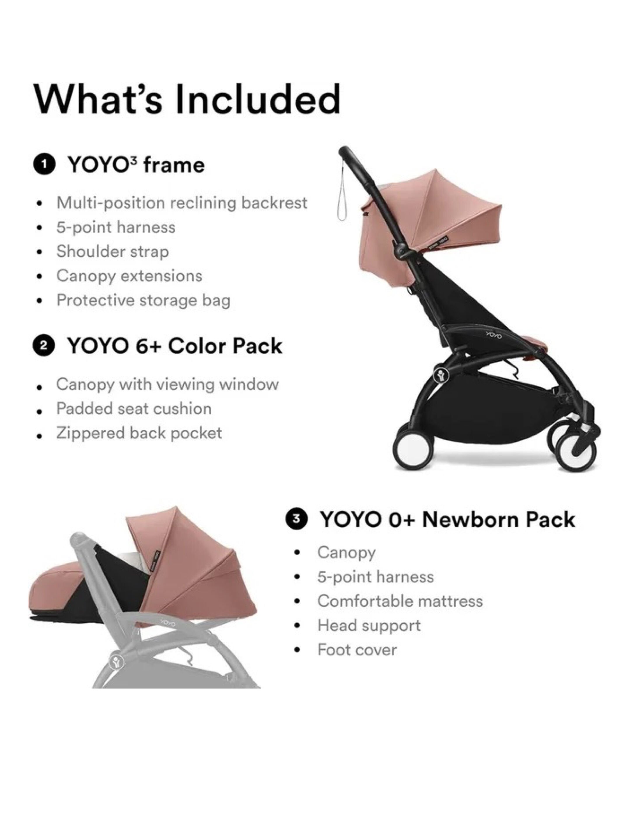 Stokke YOYO3 Full Stroller with White Frame, 0+ Newborn and 6+ Color Pack - Ginger (3 pieces) image number 2
