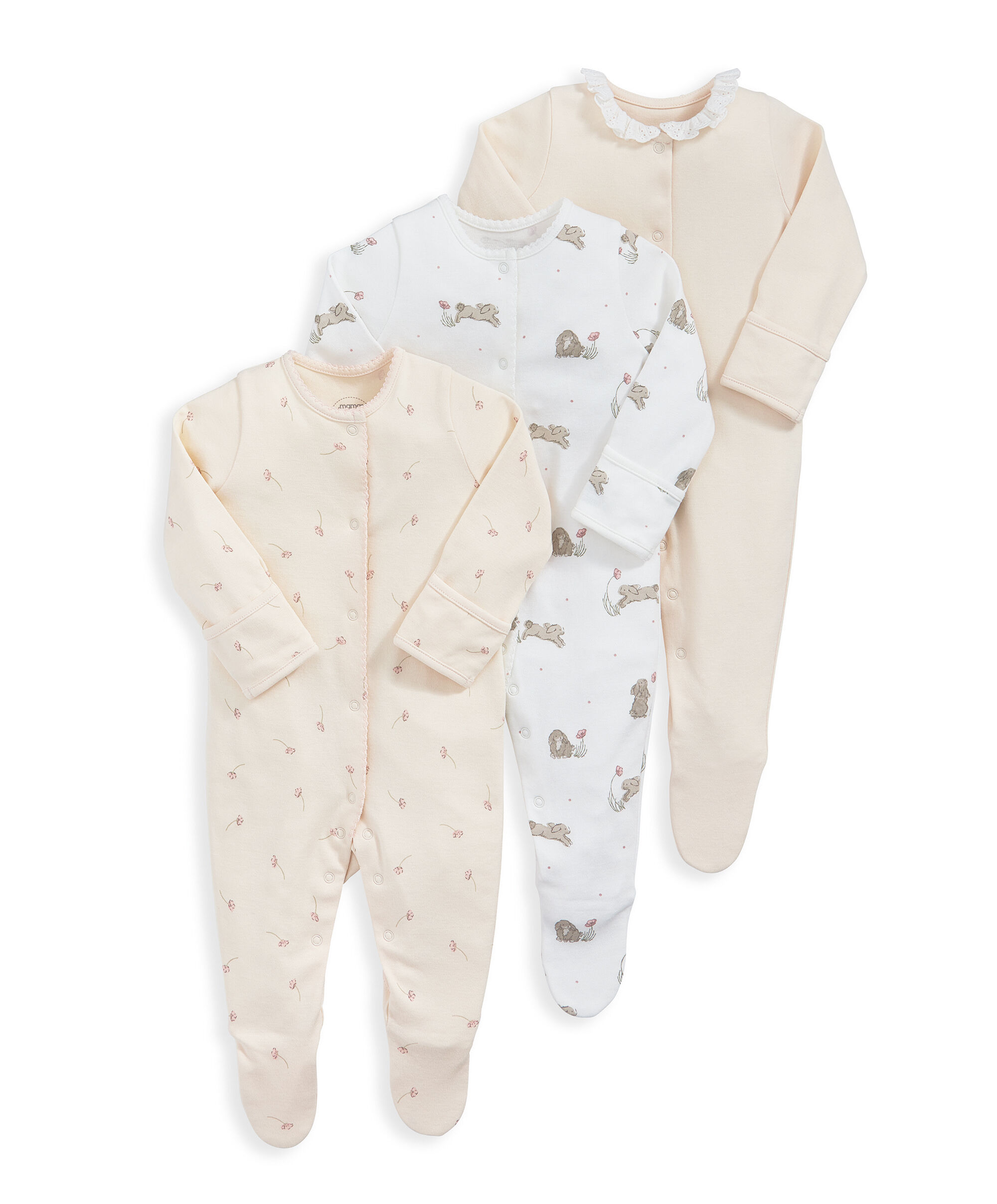 Bunny Floral Sleepsuits (Pack of 3) - Pink image number 2