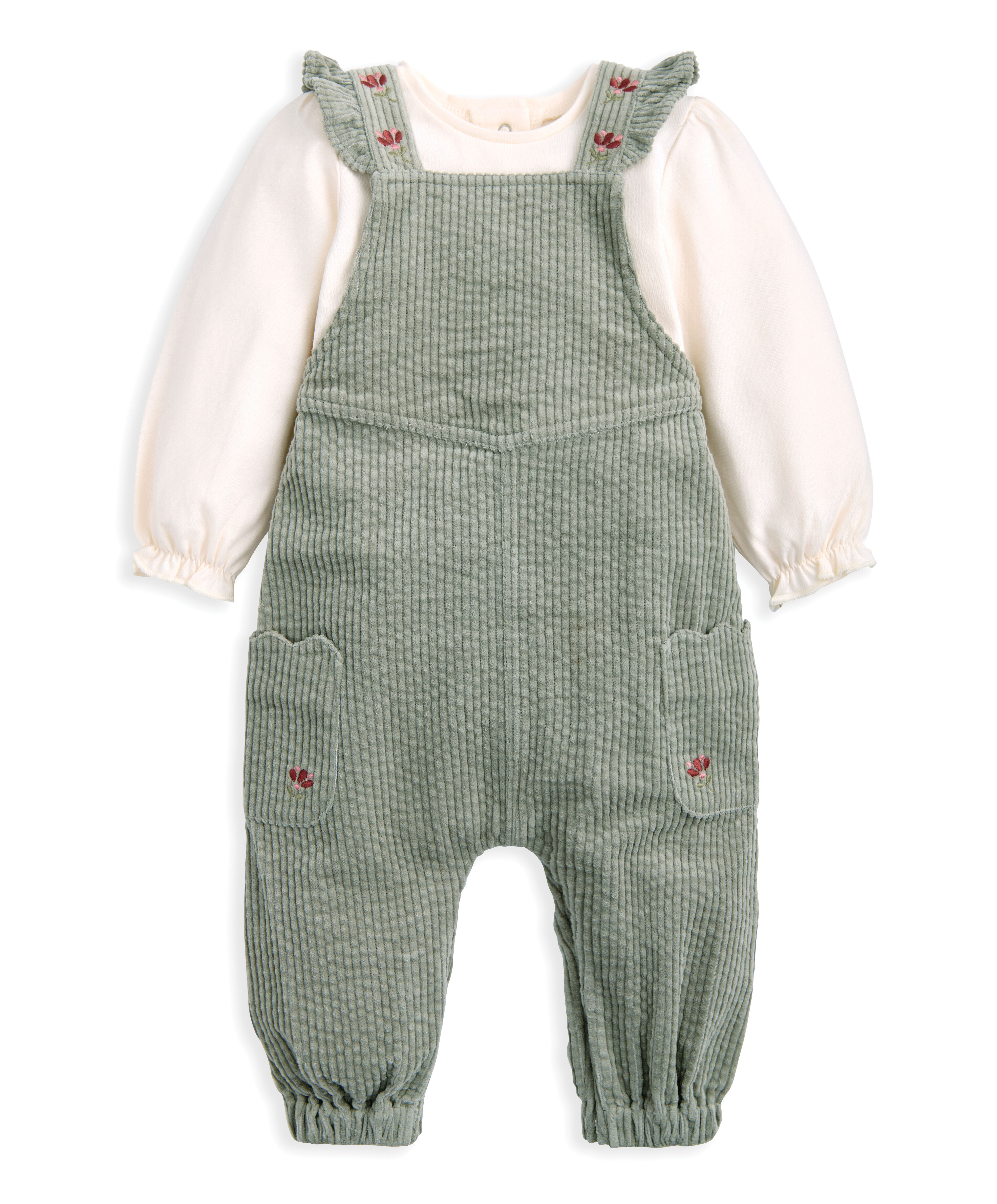 Embroidered Cord Dungarees & Bodysuit Set (2 Pieces) - Green image number 2